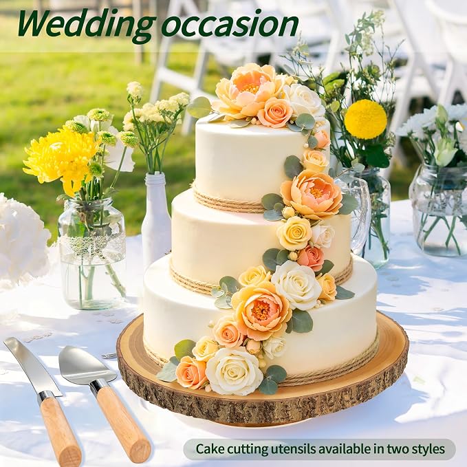 Rotating 12" Rustic Wood Cake Stand + Elegant Cutting Set — Smooth 360° Turntable for Wedding Cakes, Baking & Party Display
