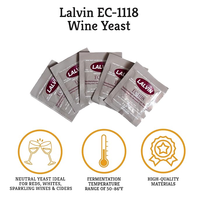 Craft A Brew - Lalvin EC-1118 Wine Yeast - Neutral Dry Wine Yeast - For Reds, Whites & Sparkling Wines, Hard Ciders & Seltzers - Ingredients for Home Fermenting - Wine Making Supplies - [5 Pack]