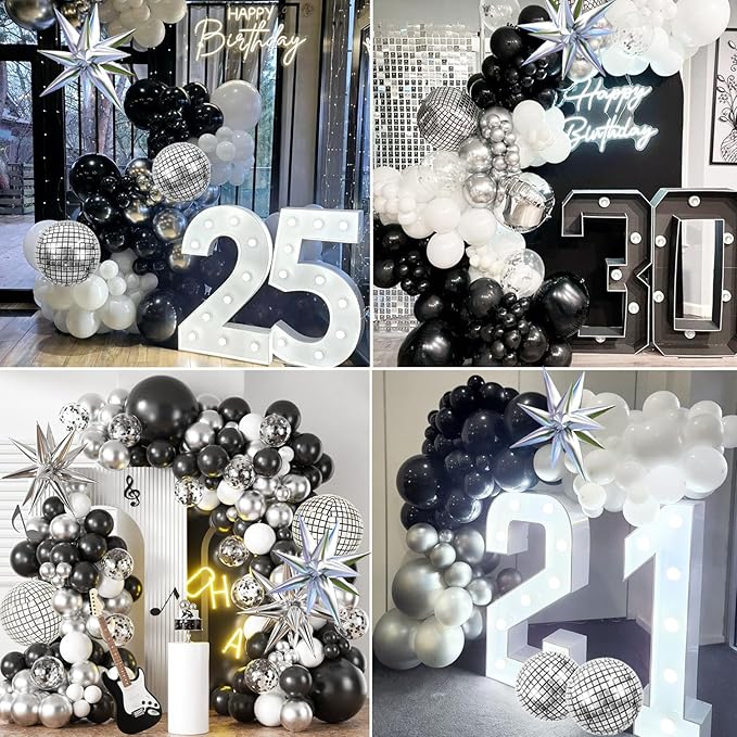 Black Silver Balloons Arch Garland Kit, Black Silver White Balloons Disco Ball Balloons Arch for Disco Party Birthday Graduation Anniversary Decorations