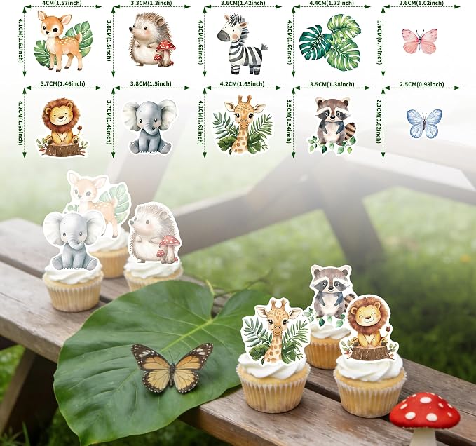 60Pcs Edible Jungle Safari Animal Cupcake Toppers Wafer Paper Green Leaf Woodland Animal Cupcake Kids Baby Shower Birthday Party Decoration Supplies