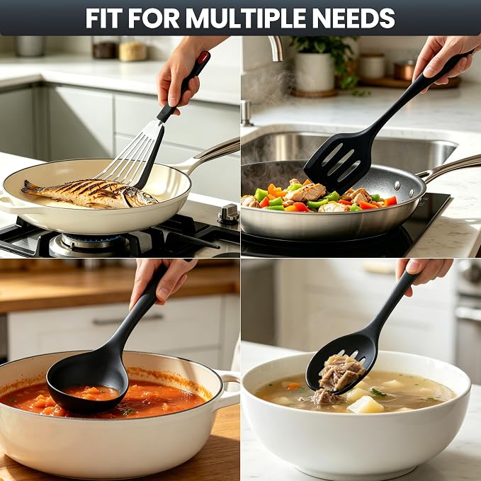 Silicone Kitchen Utensils Set, 8 PCS Heat Resistant Non Stick Cooking Tools, Silicone Spatula/Turner/Serving Spoon/Soup Ladle/Slotted Spoon/Pasta Server/Skimmer/Fish Spatula (Black)