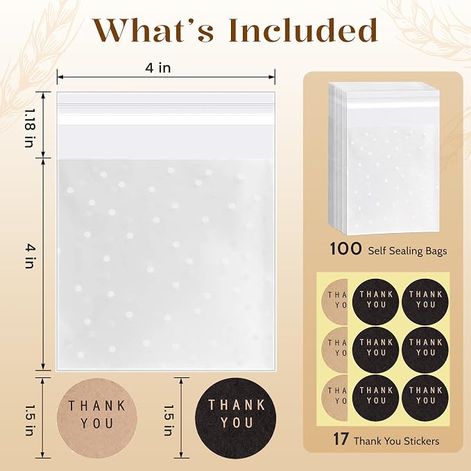 NPLUX 100 Pack 4x4 Cookie Bags with Thank You Stickers, Self Sealing Cellophane Bags for Cookies, Treat Bags for Candy, Clear Graduation Gift Bags for Party Favors, Bake Sale and Cookie Packaging