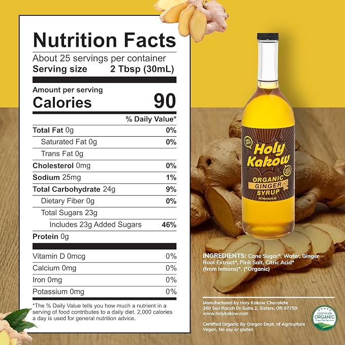 Holy Kakow Cafe Organic Ginger Syrup - Ginger Syrup, Coffee Syrup, Organic Syrup for Coffee, Ginger Syrup for Coffee, Add to Latte, Cocktail and Shake, Real Food Ingredients, Specific Flavor - 750ml