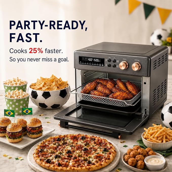 VAL CUCINA Infrared Heating 26.3 QT Air Fryer Toaster Oven, Large Countertop Convection Oven 10-in-1 Combo, 6-Slice Toast, Enamel Baking Pan Easy Clean with Recipe Book, Black Matte Stainless Steel