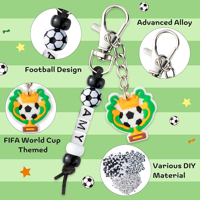 Y1tvei Soccer DIY Keychains Set - Football Beads Charms Making Kit, Create Your Own Bead Keychains with Acrylic and Cards DIY Crafts Bracelet Accessory Gift for Kids Soccer Lover Zipper Bag Hanger Key
