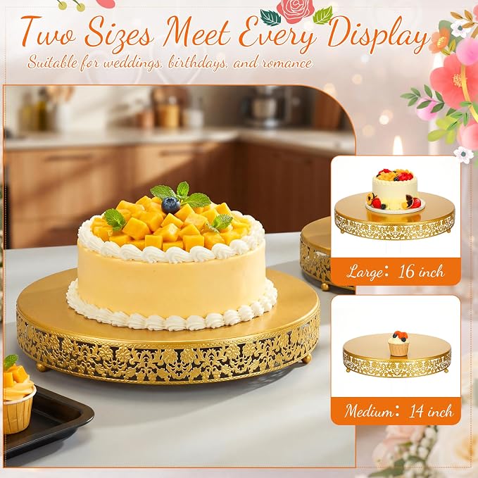 Wenqik 2 Pack Cake Stand Set, 14/16 Inch Metal Round Cupcake Dessert Stand Decorative Elegant Cake Display for Weddings Party Birthday Baby Showers Anniversary(Classic Floral,Gold)
