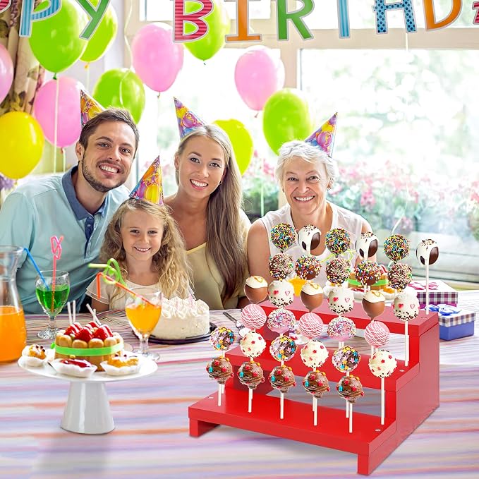 2 Pcs Cake Pop Stand, 3 Tier Wood Cake Pop Holder Display Risers with Twist Ties Lollipop Sticks, 33 Hole Lollipop Holder for Dessert Table of Wedding Birthday Party (Red-2P)