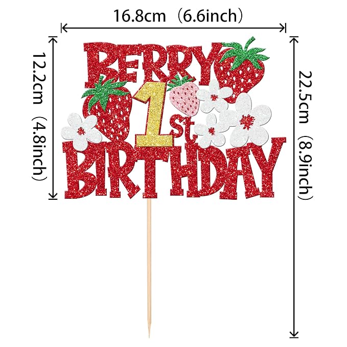 1 PCS Berry 1st Birthday Cake Topper - Red Glitter Flower Fruit Sweet One Strawberry Cake Pick - First Birthday Cake Decoration for Baby Shower Party Decorations Supplies