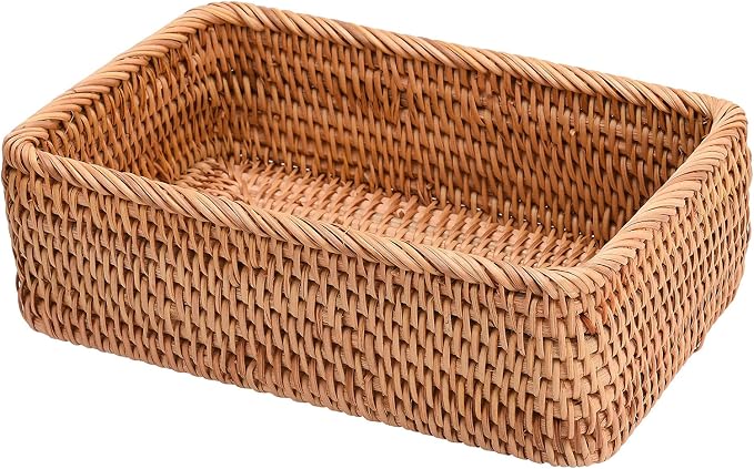 TITA-DONG Rattan Storage Baskets Rectangle Woven Bread Basket Rectangular Wicker Serving Organizer Tray Rattan Fruit Basket, Stackable Wicker Organizer for Kitchen Countertop Bathroom Living Room(M)