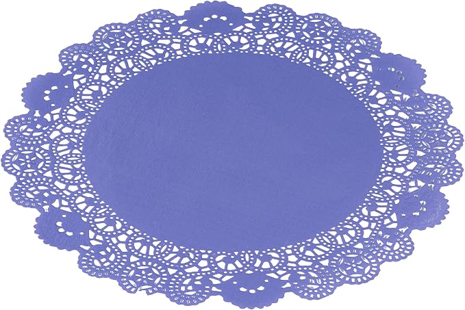 Pastry Tek 12 x 12 Inch Paper Lace Doilies, 100 Disposable Table Doilies - Elegant Lace Finish, Long Lasting, Purple Paper Doily, for Pastries, Cupcakes, Desserts - Restaurantware