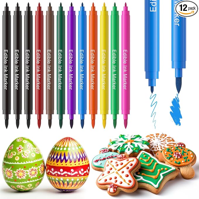 Jewem Edible Markers for Cookie Decorating, 12Pcs Food Coloring Pens, Double Sided Food Grade Pens with Fine & Thick Tips for Decorating Fondant, Cakes, Cookies, Frosting, Macaron, Dessert Decorating