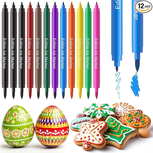 Jewem Edible Markers for Cookie Decorating, 12Pcs Food Coloring Pens, Double Sided Food Grade Pens with Fine & Thick Tips for Decorating Fondant, Cakes, Cookies, Frosting, Macaron, Dessert Decorating