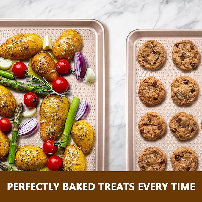 Wildone Baking Sheet Pan Set, Honeycomb Embossed Nonstick Baking Sheet 15x10 In, Thicker Carbon Steel Cookie Sheet, Even Heating Jelly Roll Pan, Rose Gold, 2 Pack