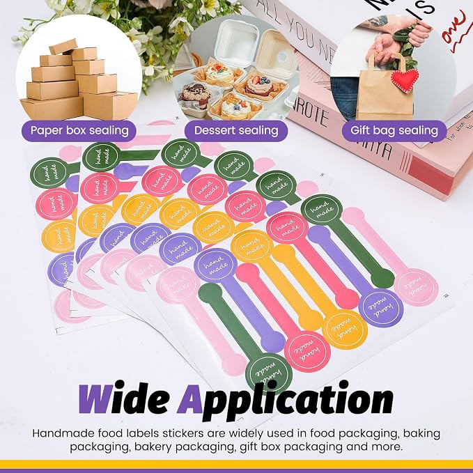 500pcs Handmade Food Baking Seal Stickers, Colorful Self Adhesive Bakery Stickers, 3.9in Long Strip Tamper-Proof Packaging Sealing Labels for Lollipop Cake Cookie Bread