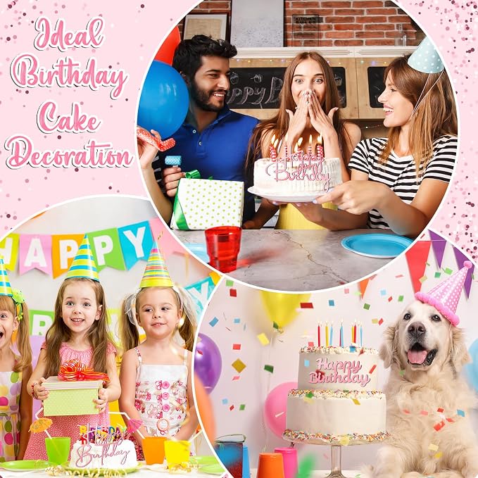 Barydat 50 Pcs Happy Birthday Cake Toppers Bulk Mirror Acrylic Cupcake Topper Decorations Happy Birthday Sign for Cake Inserts Decor Celebrate Anniversary Theme Party Supplies 10 Style(Pink)
