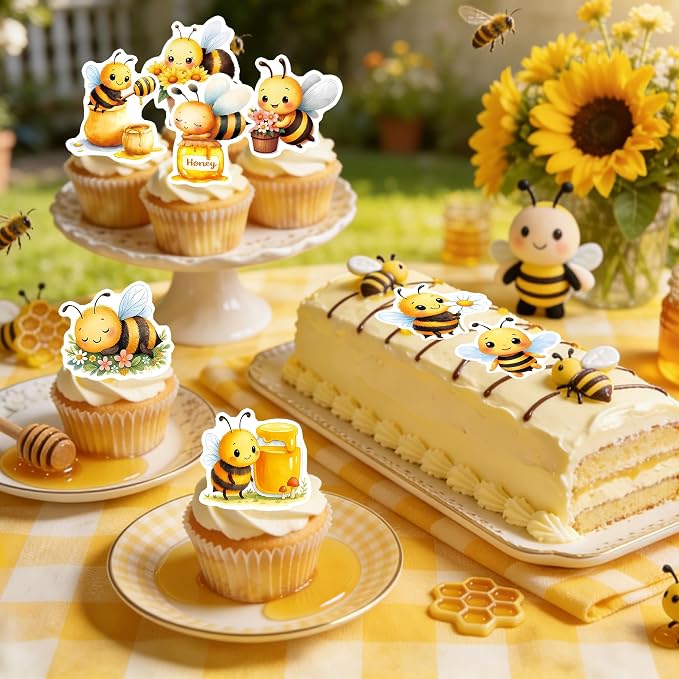 72 PCS Edible Bumble Bee Cupcake Toppers Wafer Paper Oh Babee Cake Decorations for Bee Theme Baby Shower Kids Boys Girls Birthday Cake Party Decoration