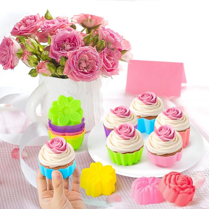 R HORSE 42 Pack Mini Silicone Cupcake Molds Multi Flower Shaped Baking Cups Non-Stick Muffin Baking Mould Washable Cupcake Cake Cup Liners Mold for Soap Dessert Pudding Donut Party Supplies