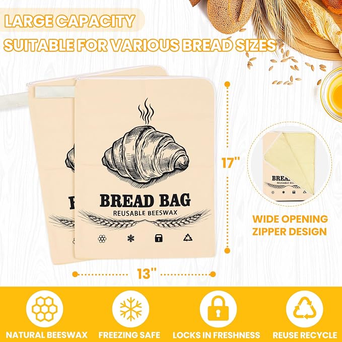 2 Pack Wide Zipper Access Beeswax Bread Bags for Sourdough Bread, Reusable Organic Linen Beeswax Bread Bag for Homemade Sourdough for Homemade Bag to Keep Fresh Longer, Kitchen Storage (Beige)