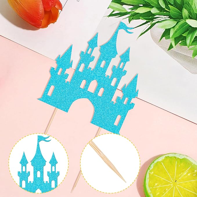 1 PCS Castle Cake Topper Glitter Princess Cake Topper Castle Theme Birthday Party Decoration Princess Happy Birthday Cake Decoration for Baby Shower Girls Princess Birthday Party Supplies Blue