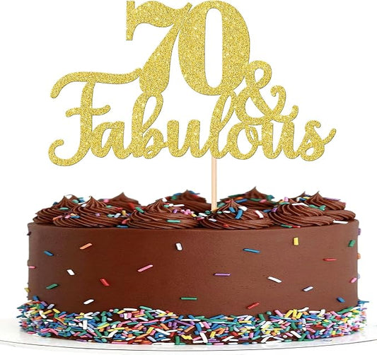 1 PCS 70 & Fabulous Cake Topper Gold Glitter 70th Birthday Anniversary Cake Pick Decoration for 70th Birthday Wedding Anniversary Party Decorations Happy 70th Birthday Cake Decorations Supplies