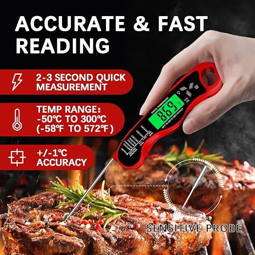 Meat Thermometer Digital，IP67 Waterproof Cooking Thermometer with Backlight, Calibration & Hold Function，Food Thermometer for Cooking,Outdoor Grilling