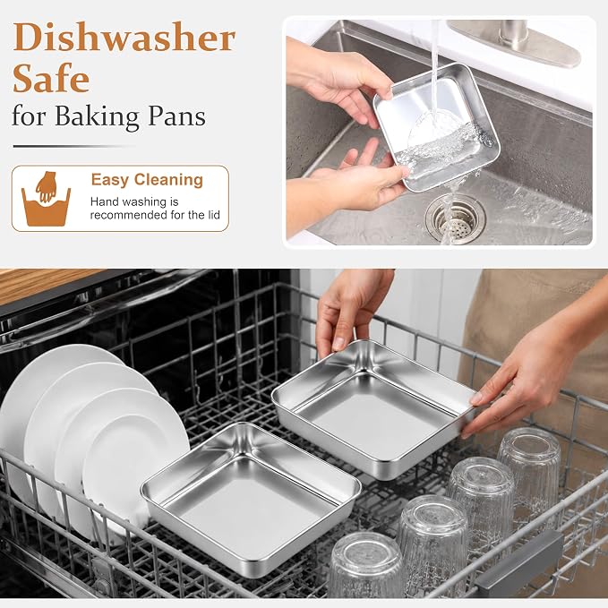 LIANYU 6 x 6 Inch Square Cake Pans with Lids, 2 Inch Deep Stainless Steel Lasagna Brownie Pan, Healthy Non-Toxic Bakeware, Dishwasher Safe (2 Pan +2 Lid)