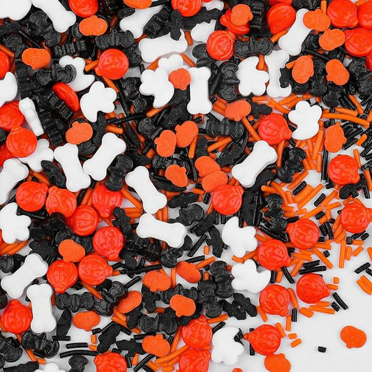 Halloween Sprinkles for Cake Decorating, Orange Black White Sprinkles Mixed Pumpkin Ghost Bone Bat for Baking Cupcakes Cookies 3.5oz