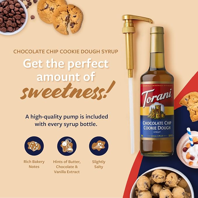 Torani Coffee Syrup, Chocolate Chip Cookie Dough Flavored Syrup for Drinks, Glass Bottle 4-Pack, Pumps Included, 25.4 Fl Oz Ea