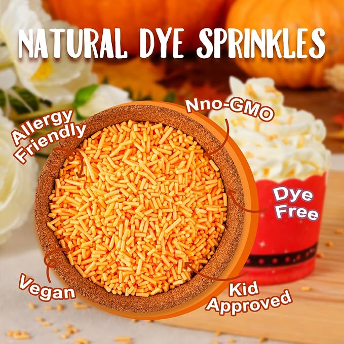 Orange Jimmies Sprinkles Dye Free - No Artificial Dyes Natural Orange Sugar for Baking, Cake Decorating, Cookie, Cupcake, Ice Cream Toppings & More, Holiday Treats Halloween Thanksgiving Autumn Supplies
