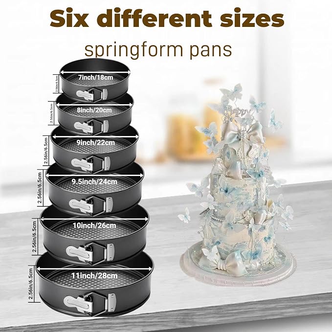 6PCS round Springform Cake Pans Set(7,8,9,9.5,10,11inch) | nonstick coating,food-grade carbon steel,450°F heat-resistant,spring-lock&removable bottom easy release,Ideal for cakes,more