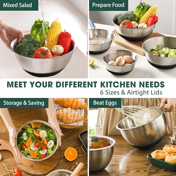 Umite Chef Mixing Bowls with Airtight Lids，6 piece Stainless Steel Metal Nesting Storage Bowls, Non-Slip Bottoms Size 7, 3.5, 2.5, 2.0,1.5, 1QT, Great for Mixing & Serving(Black)