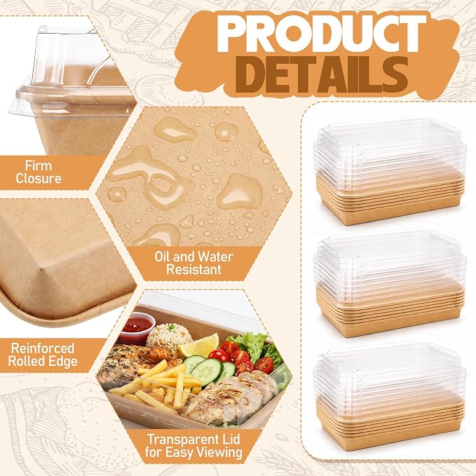 30 Pack Catering Trays with Clear Lids 8.9" x 5.7" Serving Trays Kraft Paper Charcuterie Boxes Party Platters Take out Food Containers for Snacks Fruit Cookies Dessert Sandwiches
