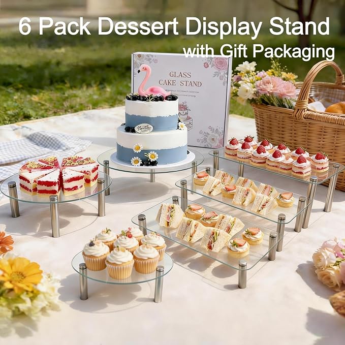 6 Pack Tempered Glass Cake Stands Set 9 11 13 Inch Round & Rectangular Cupcake Stand Dessert Display Riser Serving Platter Plate for Decoration Table Party Wedding Baby Shower