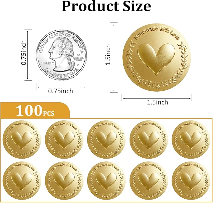 100 Pack Handmade with Love Stickers, Embossed Gold Foil Labels, Premium Raised Metallic Seals for Small Business Packaging, Gift Bags, Bakery Boxes & Handmade Sellers 1.5 Inch