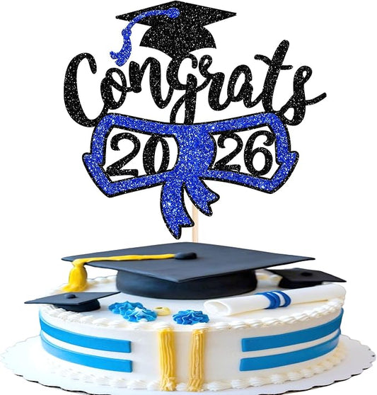 1 Pack Congrats 2026 Cake Topper Glitter Diploma Graduation Cap Cake Pick Contrats Class of 2026 Cake Decorations for 2026 Graduation Theme High School Boys Girls Graduate Party Blue