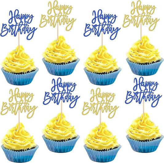 24 PCS Happy Birthday Cupcake Toppers Glitter Happy Birthday Cupcake Picks for Celebrating Anniversary Theme Party Cake Decorations Supplies Blue Gold
