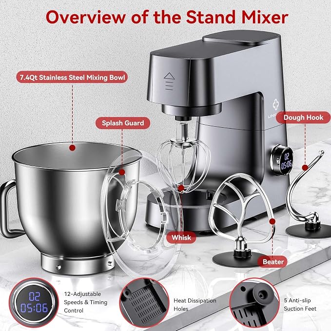 7.4 QT Kitchen in The Box Stand Mixer for Baking, Electric Spiral Mixer with Dough Hook, Cake Mixer with Bowl Stand & Beater, 800w/12-Speed Tilt-Head Food Mixer