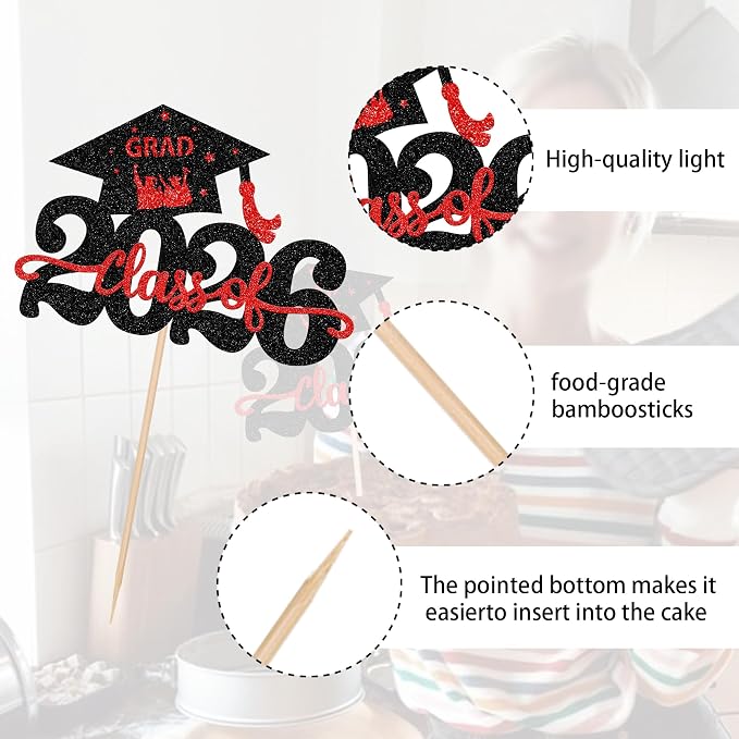 1 Pack Class of 2026 Cake Topper Glitter Congrats Grad Cap 2026 Graduation Cake Pick Decoration for 2026 Graduation Theme High School Graduate Party Cake Decorations Supplies Black Red