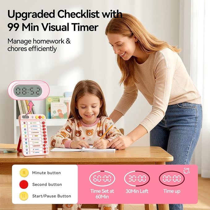 Magnetic Chore Chart for Kids with Time Timer, 99-Min Countdown/Up Visual Timer, Dry-Erase Reward Chart with Sliders, to Do List & Routine Checklist, Visual Schedule, Autism/ADHD Tools (Pink)