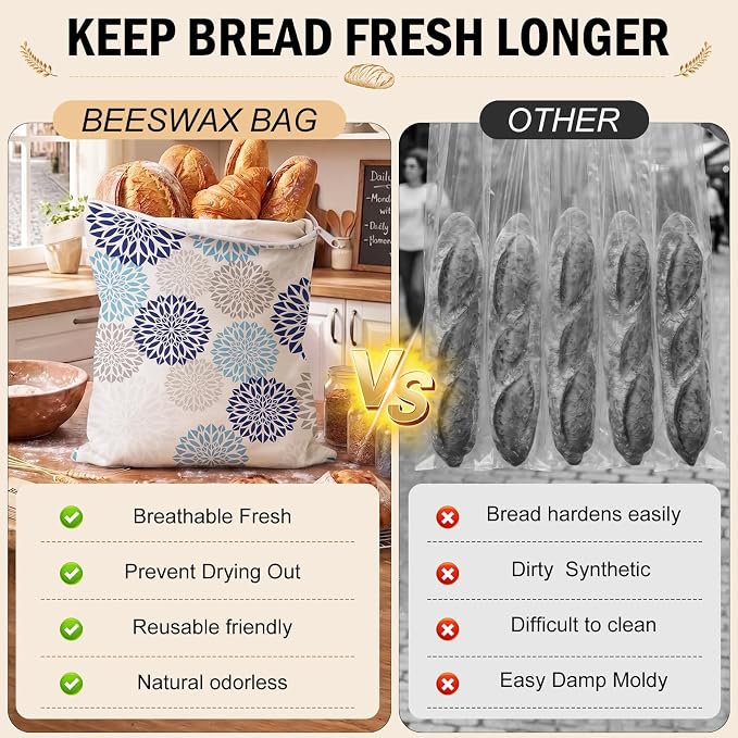 Beeswax Bread Storage Bags for Homemade Sourdough, 2 Pack 13" × 17" Linen Bread Bags with Natural Beeswax Lining, Wide L-Shaped Opening for Large Artisan Loaves, Reusable Bread Keeper（color-C）