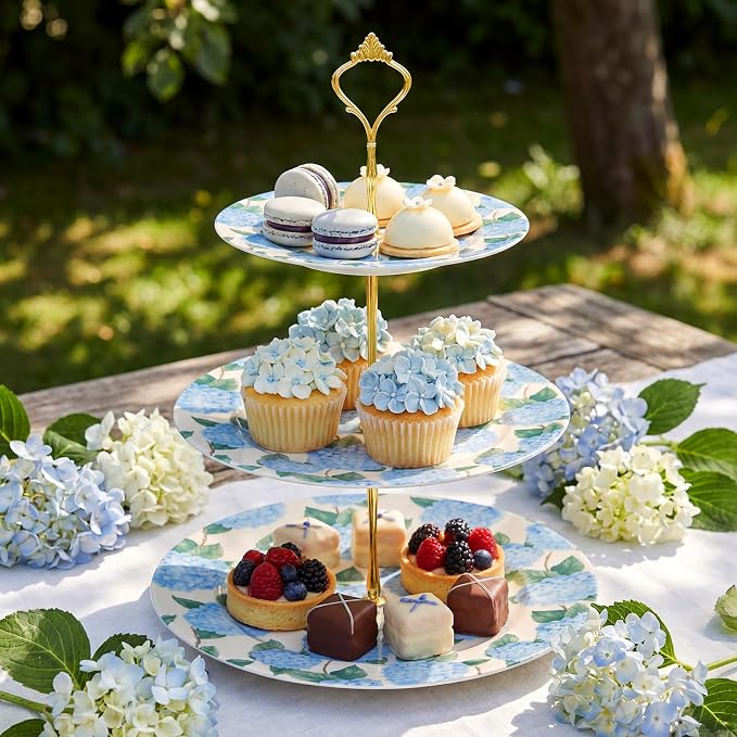 Lallisa 3 Tier Blue Hydrangea Cake Stand 10", 9" and 7" Ceramic Serving Tray Dessert Cupcake Display Holder Tower for Wedding Baby Bridal Shower Tea Party Decoration