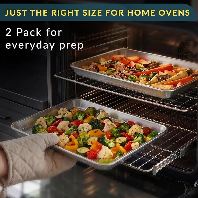 Baker’s Signature 13" x 9" Aluminum Cookie Sheets for Baking Set of 2, Quarter Baking Sheet Pans - Anti-Warp, Reinforced Encapsulated Steel Rim, Easy to Clean