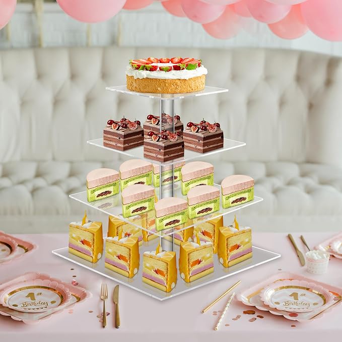 weddingwish 4 Tier Cupcake Stand, Clear Acrylic Cupcake Tower for 50 Cupcakes, Square Dessert Display Stand for Wedding,Birthday,Graduation