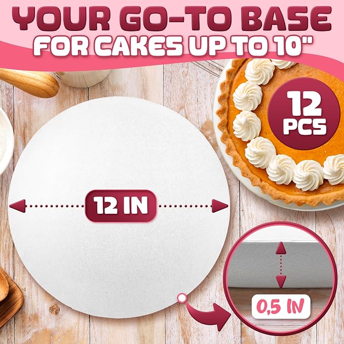Set of 12 Cake Boards 12 inch Round - 1/2" Thick White Cake Drums 12 inch Round with Bend-Proof & Smooth Cardboard Surface, Grease- and Water-Resistant - Suitable for Birthday Cakes Up to 10 In