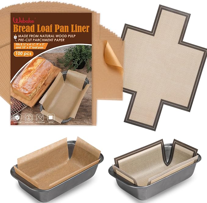 Webake 100PCS Unbleached Parchment Paper Loaf Pan Liners with 1 Reusable Silicone Loaf Liner for 9x5 1lb, 1.5lb & 2lb Loaves, Nonstick, Precut