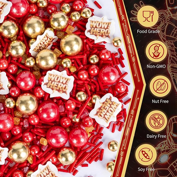 Edible Hero Sprinkles,Red Gold Pearls and Jimmies Sprinkle Mix Heroes Wafer Paper,130g,Movie Theme Cake Cupcake Cookie Donut Decorations for Birthday,Graduation,Father's Day,Hero Themed Party,Superhero Party Supplies