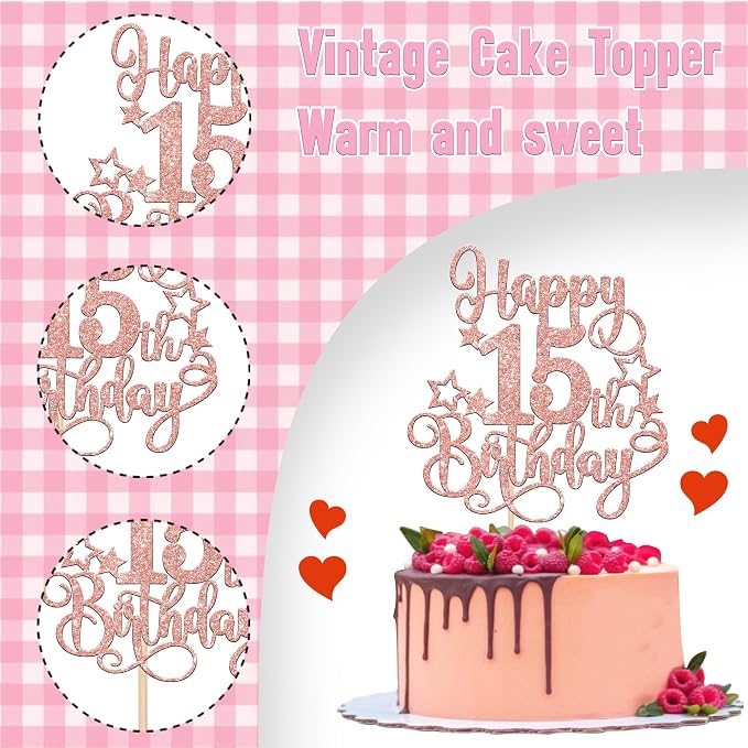 1 PCS Happy 15th Birthday Cake Topper Glitter Cheers to 15 Years Birthday Cake Pick Hello 15 Fabulous Cake Decoration for Happy 15th Birthday Anniversary Party Decorations Supplies Rose Gold