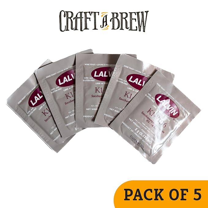 Craft A Brew - Lalvin K1-V1116 Wine Yeast - Neutral Dry Wine Yeast - For Traditional or Fruit Wines - Ingredients for Home Fermenting - Wine Making Supplies - 5 Pack