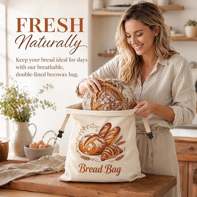 Beeswax Bread Bags for Sourdough,Reusable Organic Linen Cotton Bread Storage Bag with Removable Wax Liner – Easy Clean & Keeps Homemade Bread Fresh (style-A)