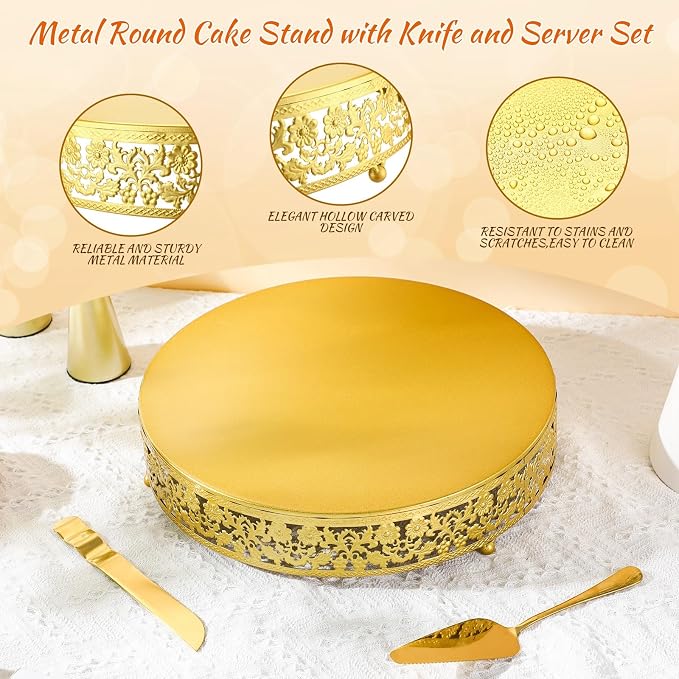 Wenqik 14 Inch Gold Cake Stand Set Metal Round Cupcake Dessert Stand with Cake Cutting, Flower Spatula Wedding Cupcake Pastry Display Candy Holder Display for Wedding Party Birthday Baby Shower